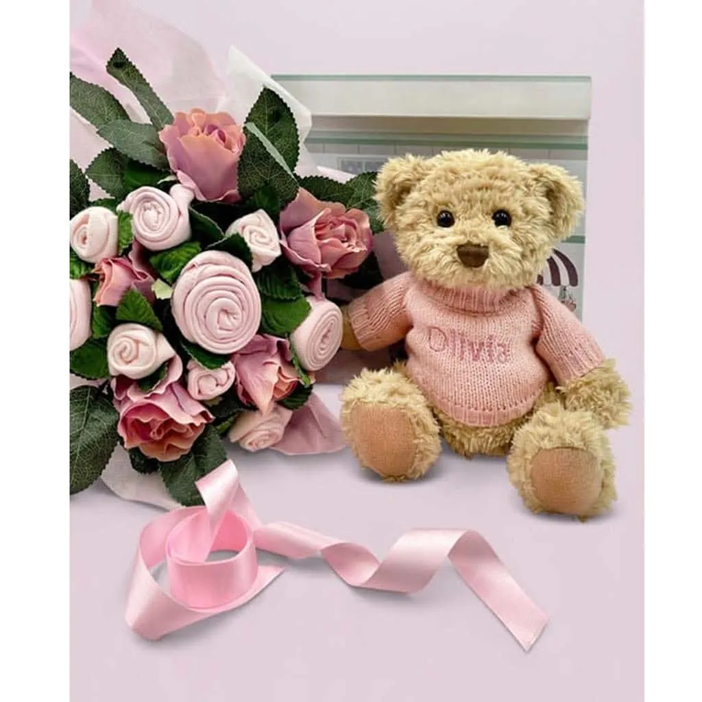 Babyblooms Luxury Rose Baby Clothes Bouquet and Personalized Teddy Bear