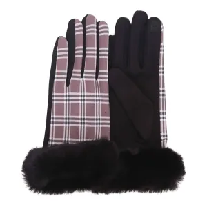 Black & Coco Plaid Fur-Trimmed Texting Gloves