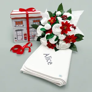 Christmas Luxury Rose Baby Clothes Bouquet with Personalised Snuggle Wrap, Grey