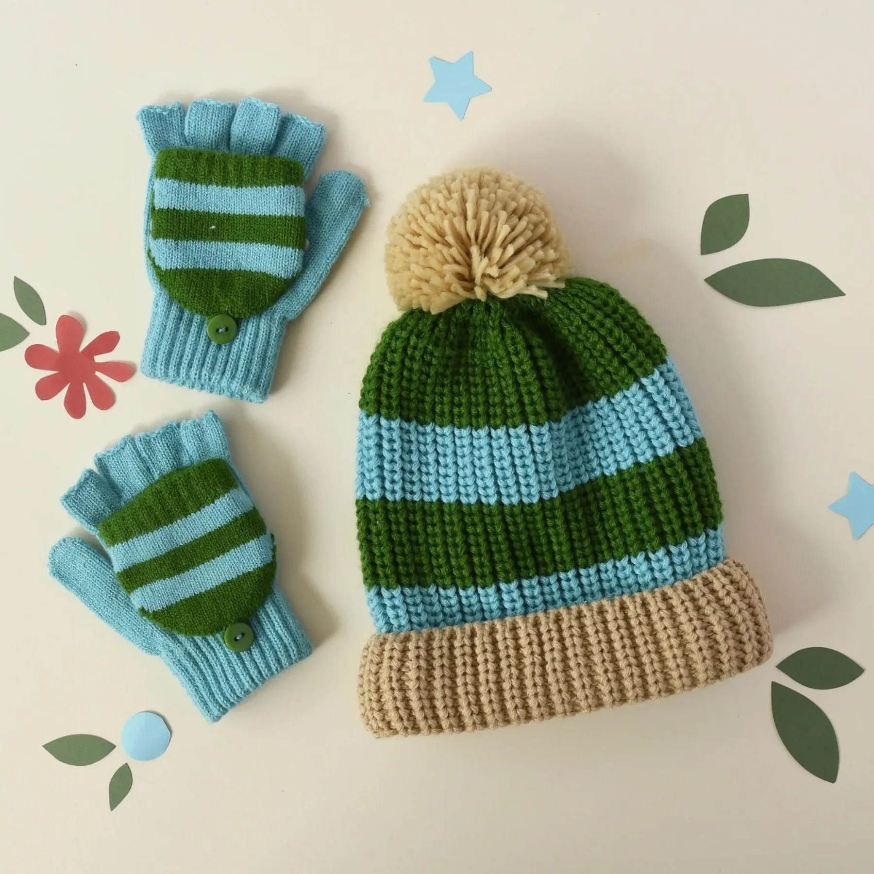 Cozy Striped Knitted Gloves Green