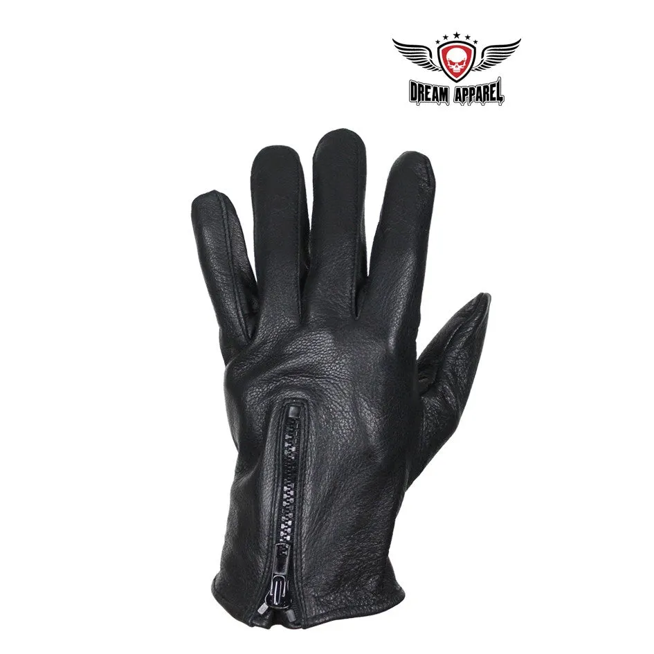 Deer Skin Leather Gloves W/ Zipper - Black