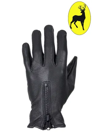 Ladies Deer Skin Leather Gloves W/ Zipper - Black