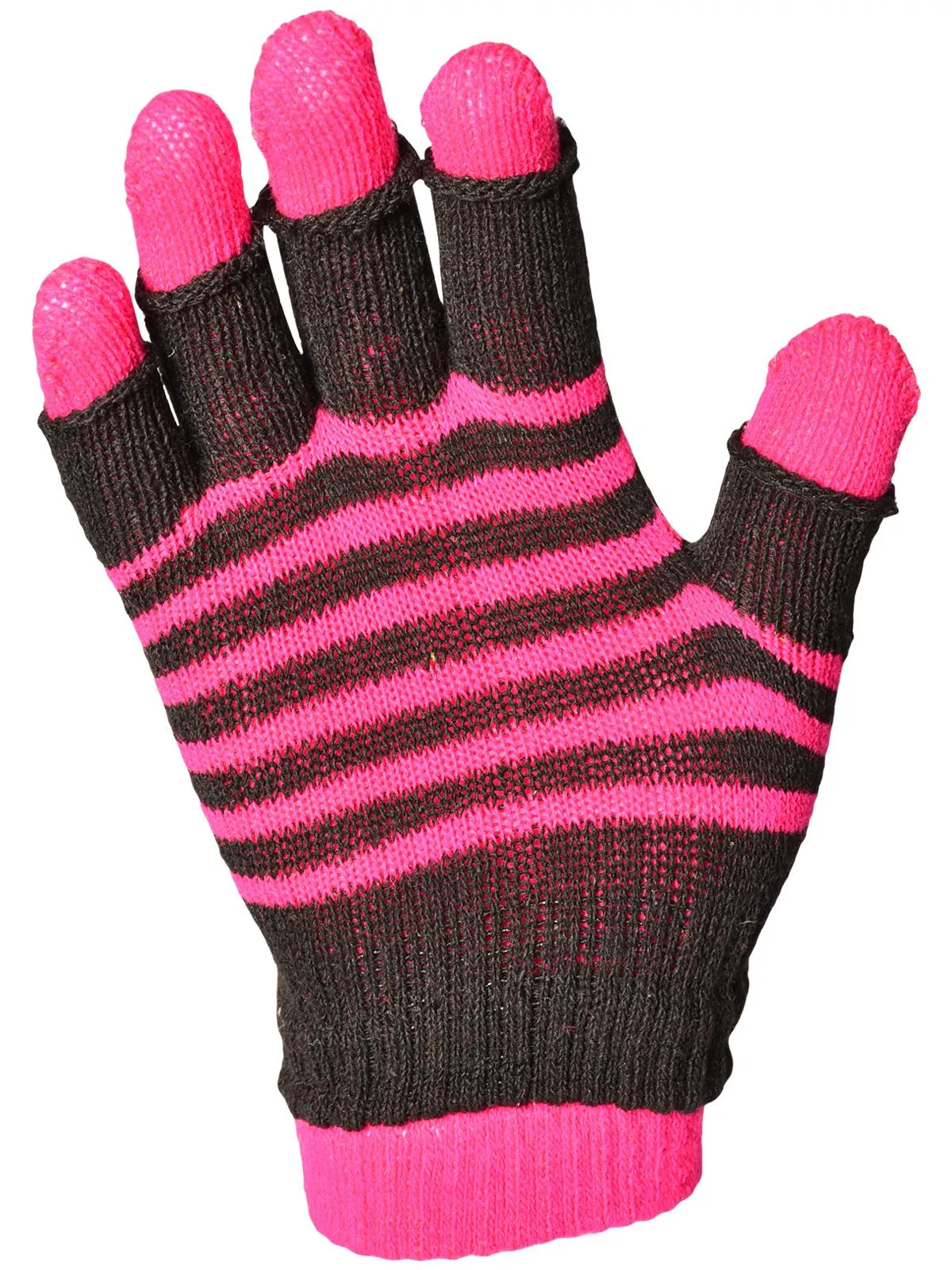 Ladies Striped Magic 2 in 1 Neon Fingerless Gloves