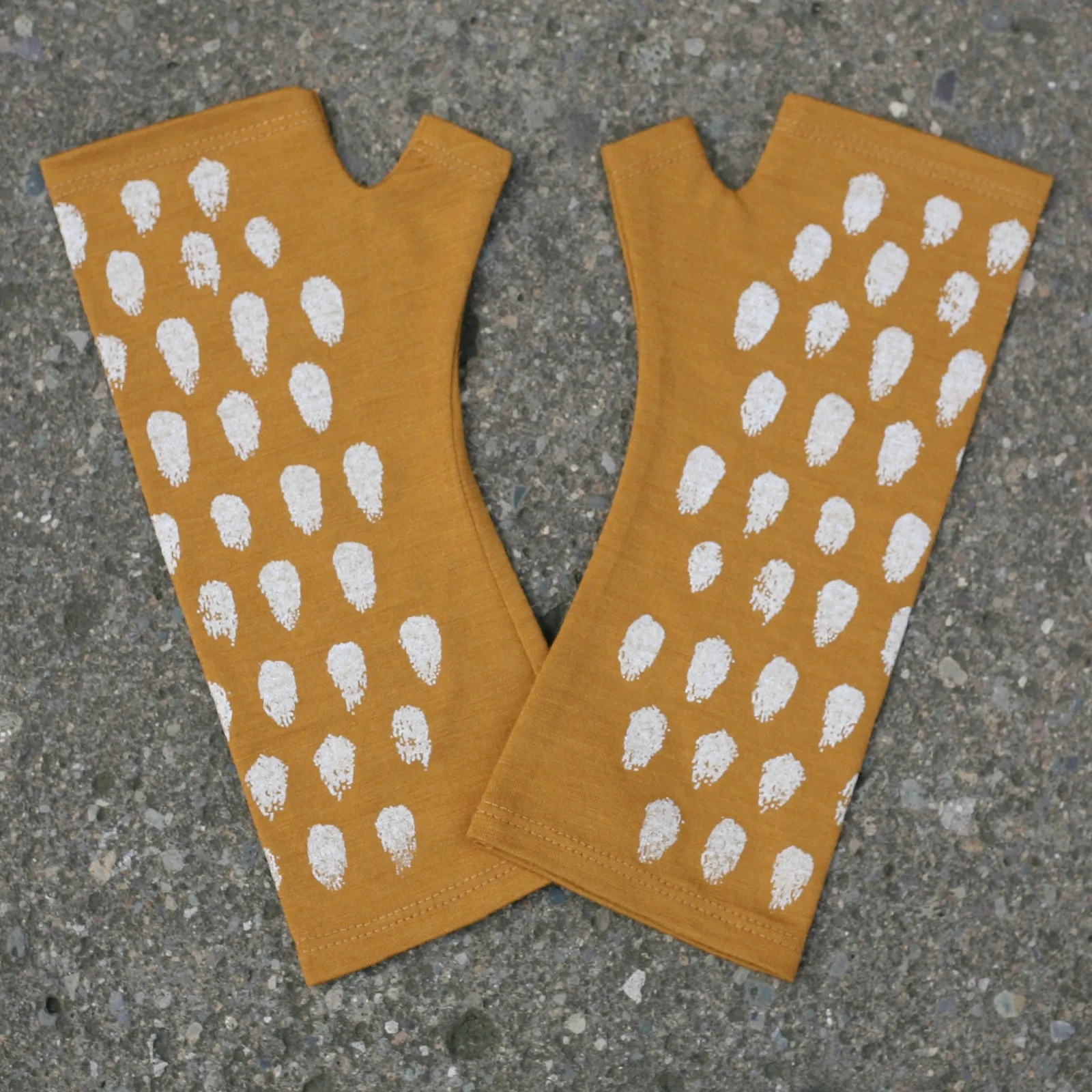 Mustard polka dot print merino fingerless gloves