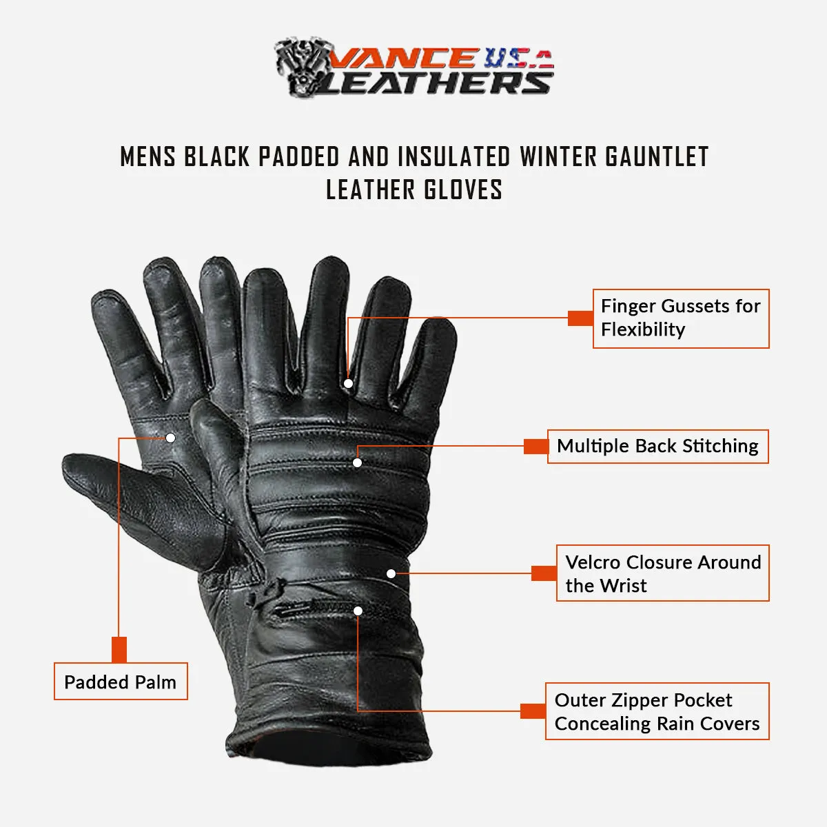 VL419 Vance Leather Padded and Insulated Winter Gauntlet Gloves